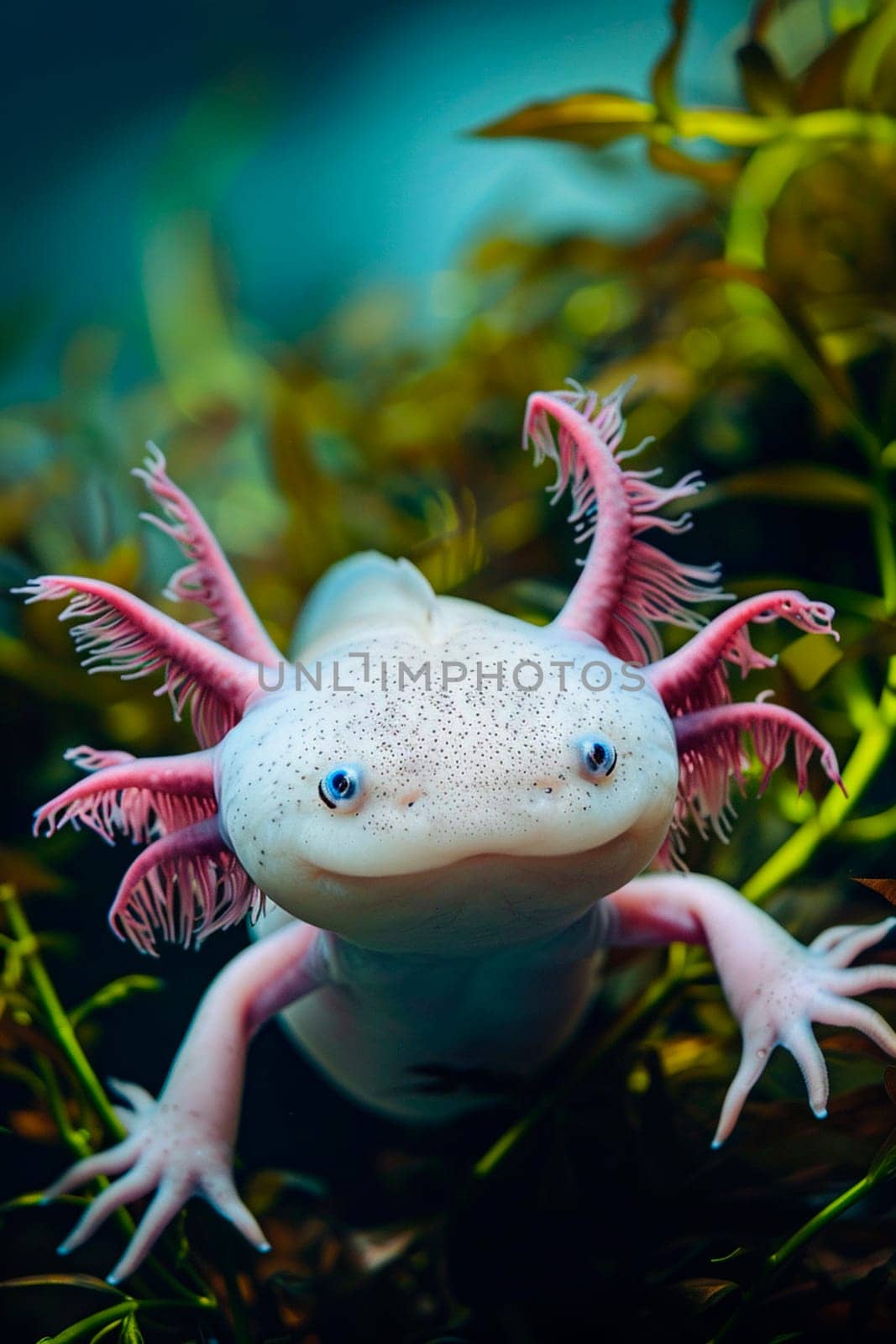 axolotl in aquarium water. Selective focus. animal.