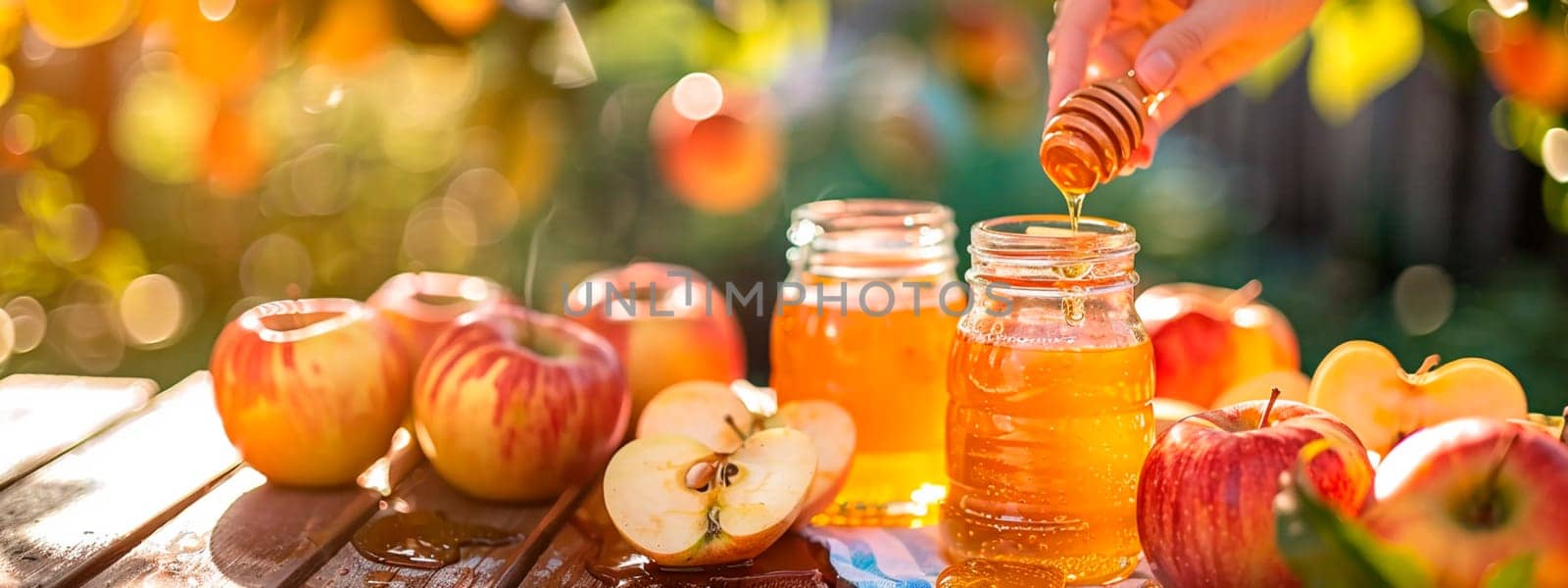 apples and honey in the garden, saved. Selective focus. food.