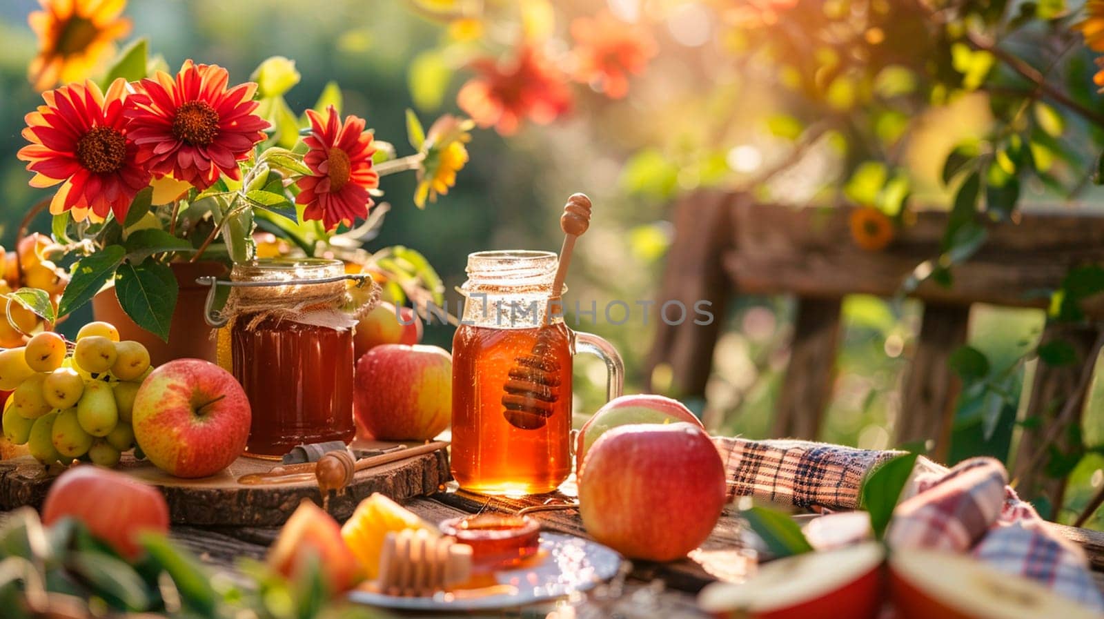 apples and honey in the garden, saved. Selective focus. food.