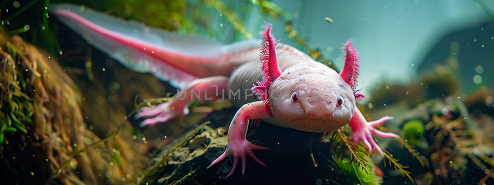 axolotl in aquarium water. Selective focus. animal.