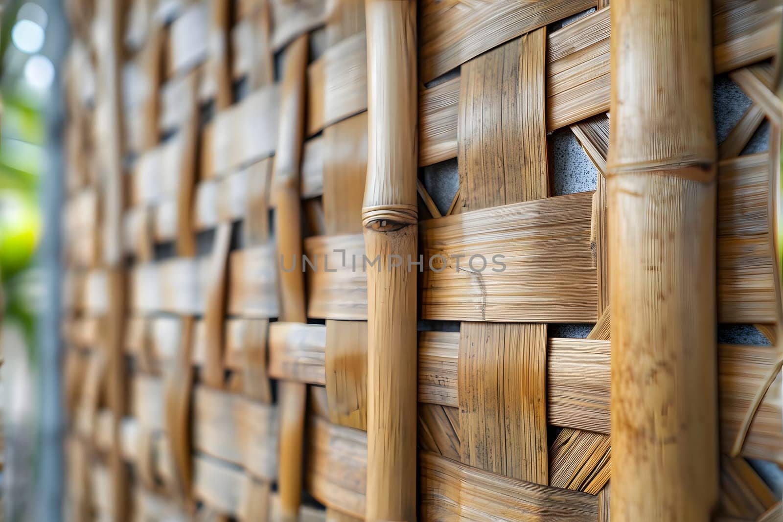 Wicker bamboo wall closeup with selective focus. Neural network generated image. Not based on any actual scene or pattern.