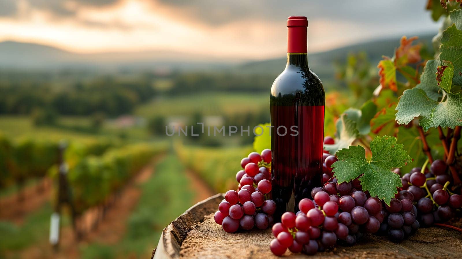 A red wine bottle in front of a landscape of grape farmland. Neural network generated image. Not based on any actual scene or pattern.