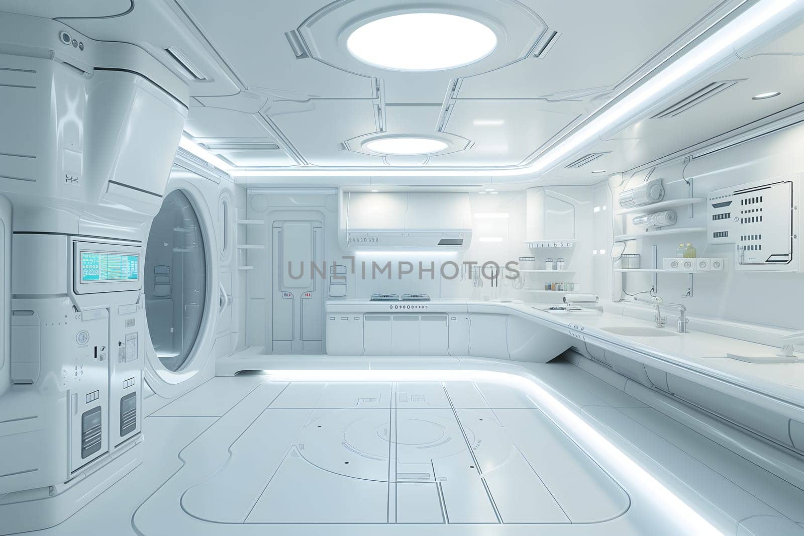futuristic clean white space station style interior of kitchen room. Neural network generated image. Not based on any actual scene or pattern.