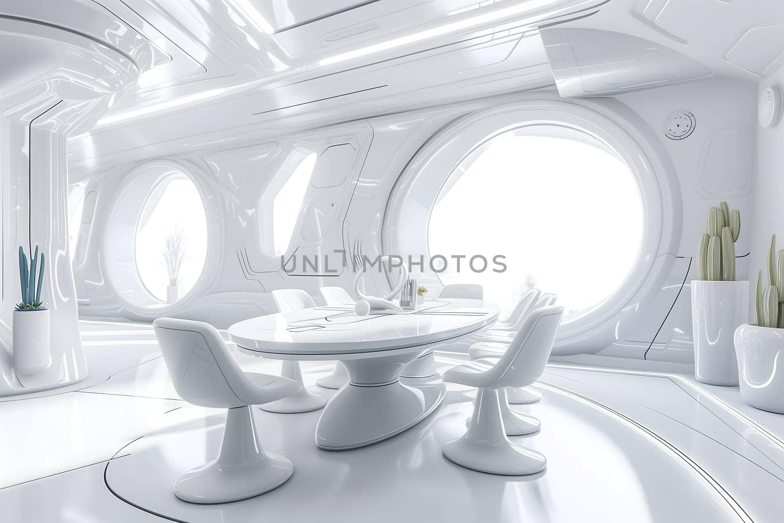 futuristic white space station style interior of dining room by z1b