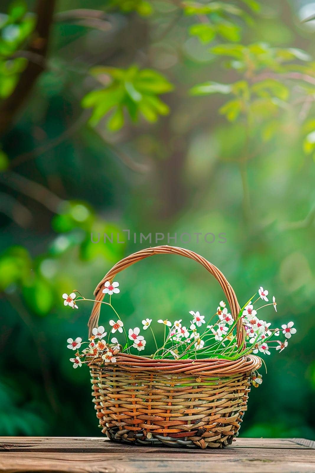 wicker basket on the background of the garden. Selective focus. by yanadjana