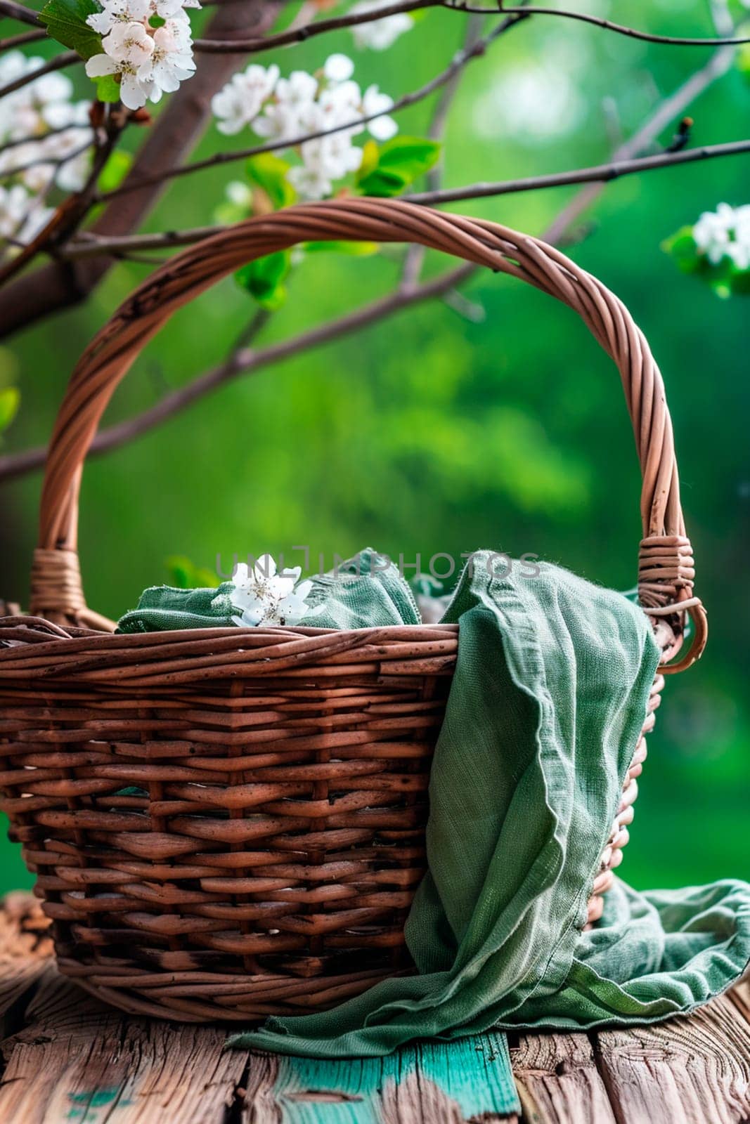 wicker basket on the background of the garden. Selective focus. by yanadjana