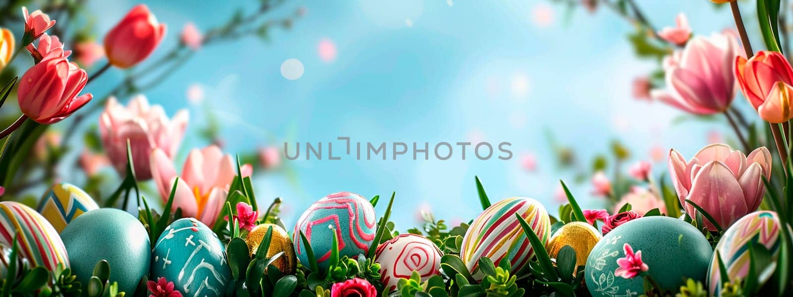 Easter eggs and flowers against the sky. Selective focus. Nature.