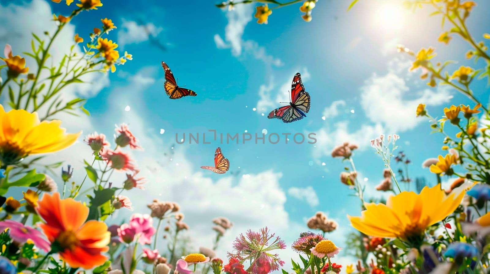 Butterflies and flowers on the sky background frame. Selective focus. nature.