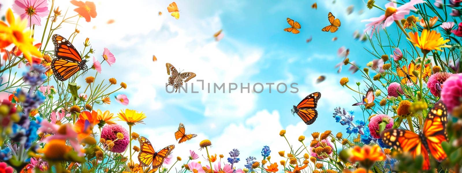 Butterflies and flowers on the sky background frame. Selective focus. nature.