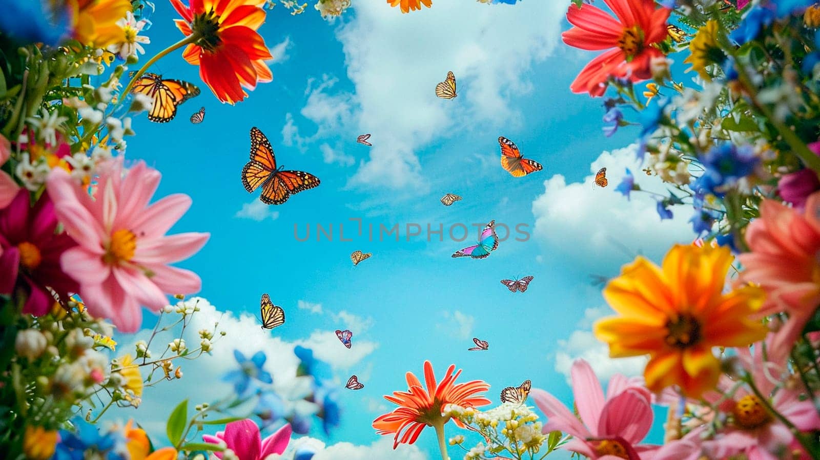 Butterflies and flowers on the sky background frame. Selective focus. nature.