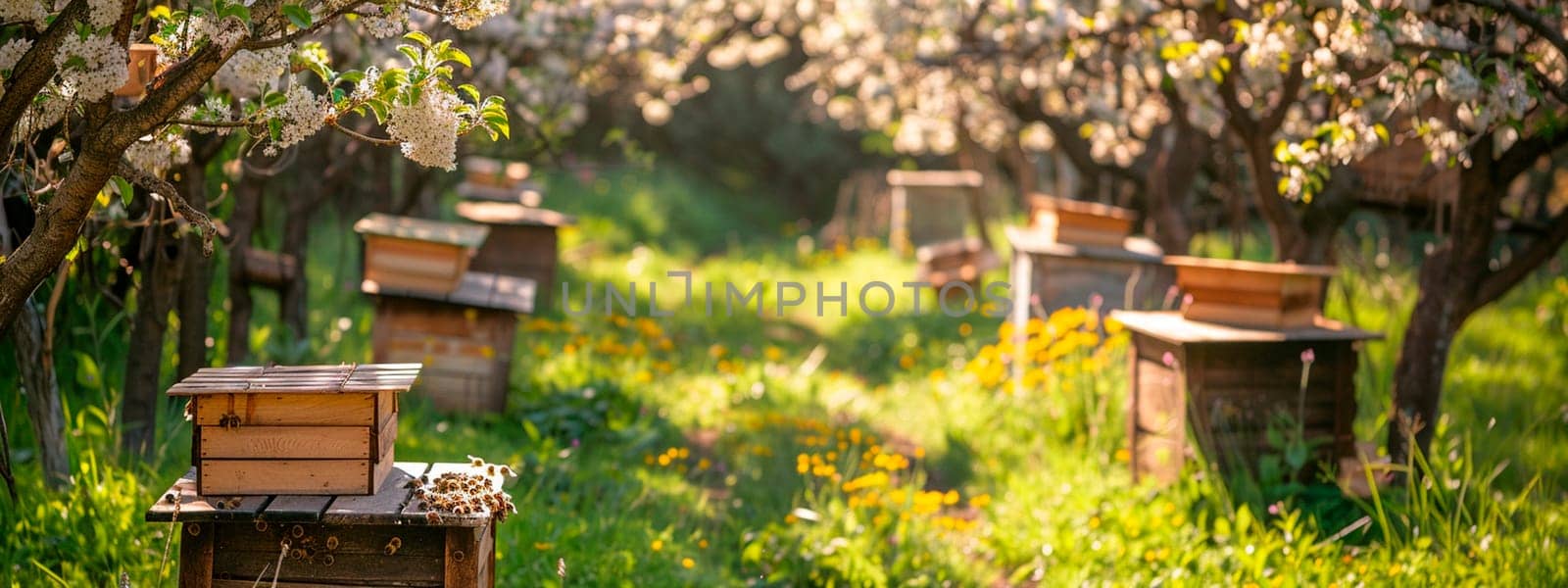 Bee hives in a blooming garden. Selective focus. Nature.