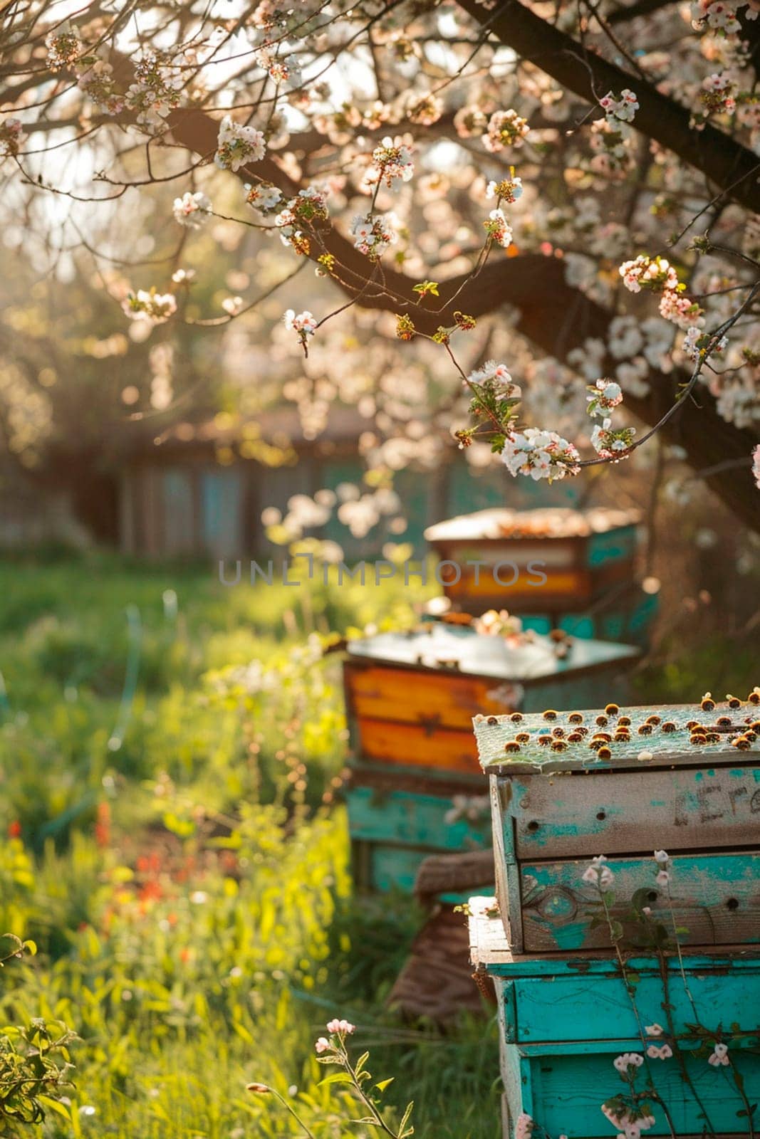 Bee hives in a blooming garden. Selective focus. by yanadjana