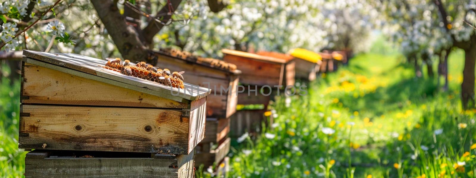 Bee hives in a blooming garden. Selective focus. by yanadjana