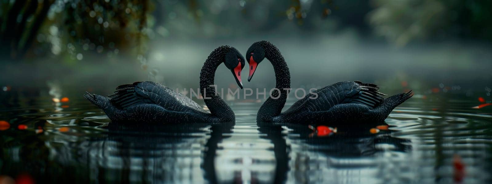 Two black swans on the lake. Selective focus. Nature.
