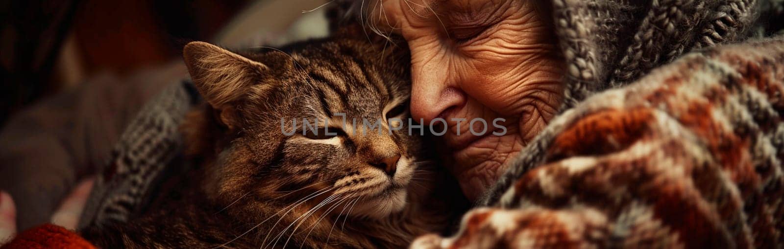 an elderly woman hugs a cat. Selective focus. people.