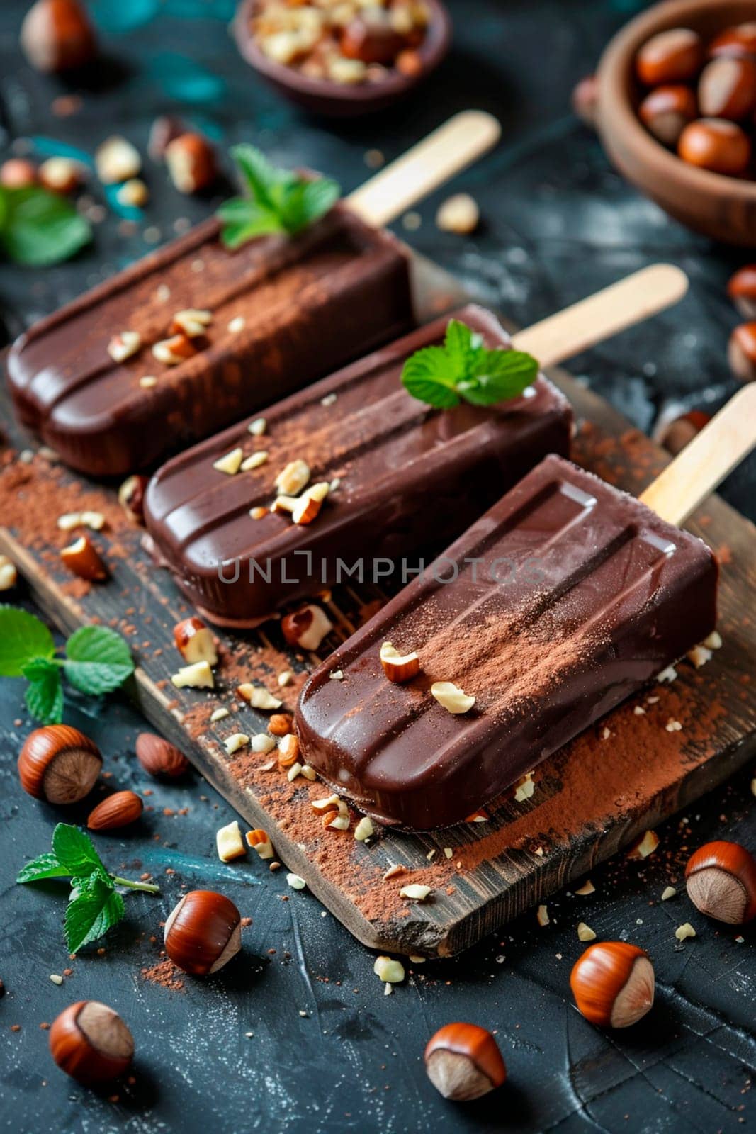 Chocolate ice cream with nuts on sticks. Selective focus. Food.