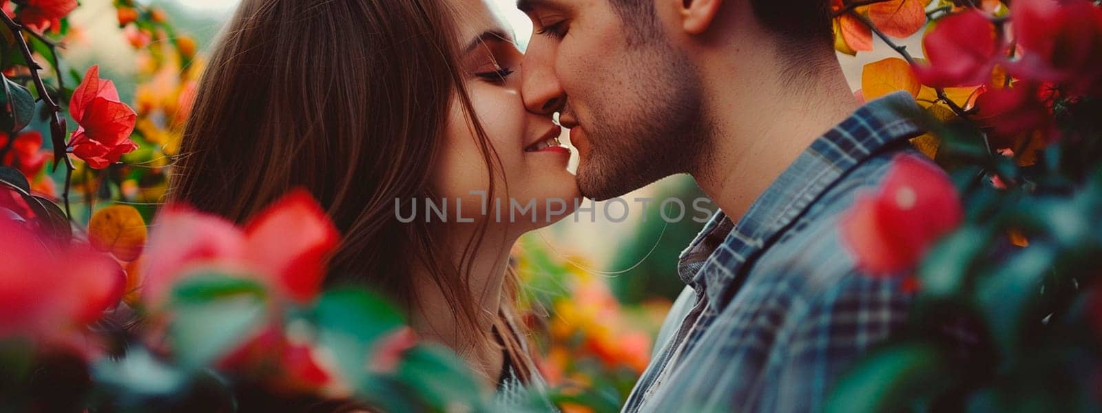 lovers kiss in a blooming garden. Selective focus. by yanadjana