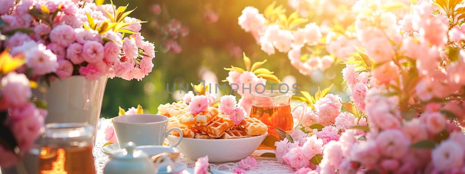 Waffles and tea in the spring garden. Selective focus. Nature.