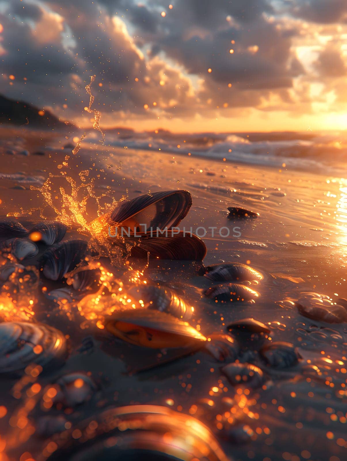 A close up of a rocky beach at sunset with the sky filled with a fluid orange afterglow, creating a serene and atmospheric atmosphere