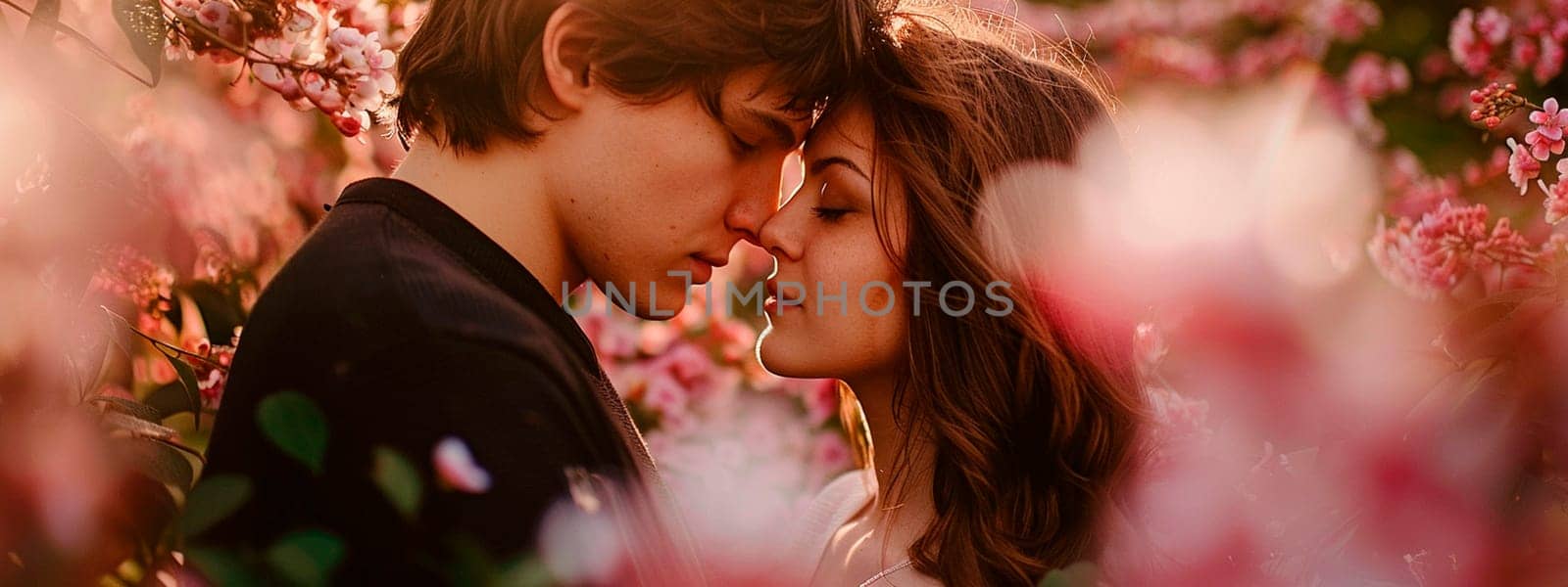 lovers kiss in a blooming garden. Selective focus. people.