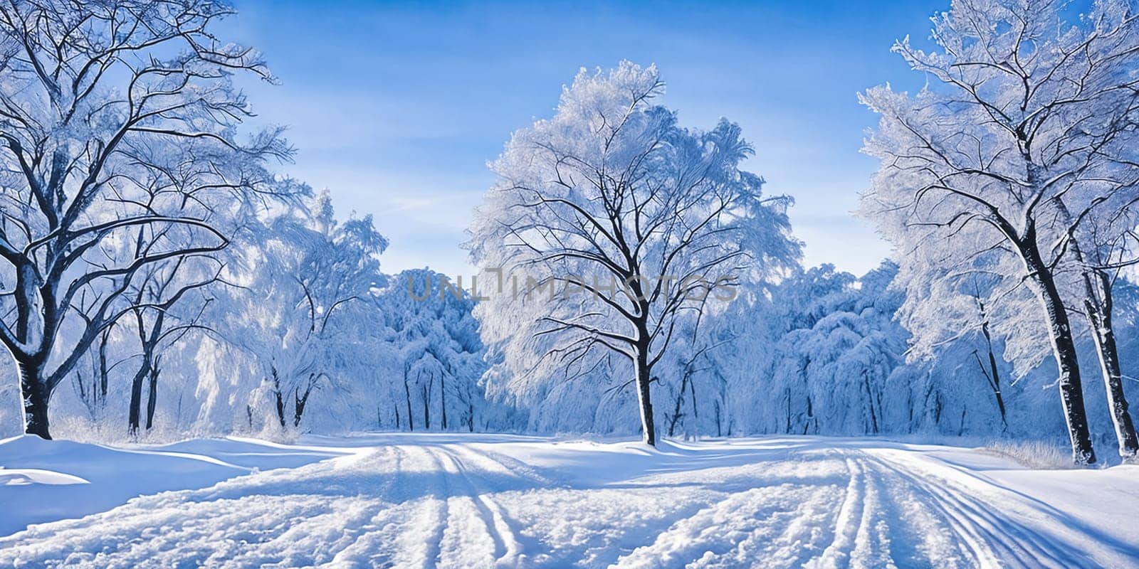 A serene winter landscape, snow blankets the ground, trees adorned with frost, picturesque panorama. Generative AI