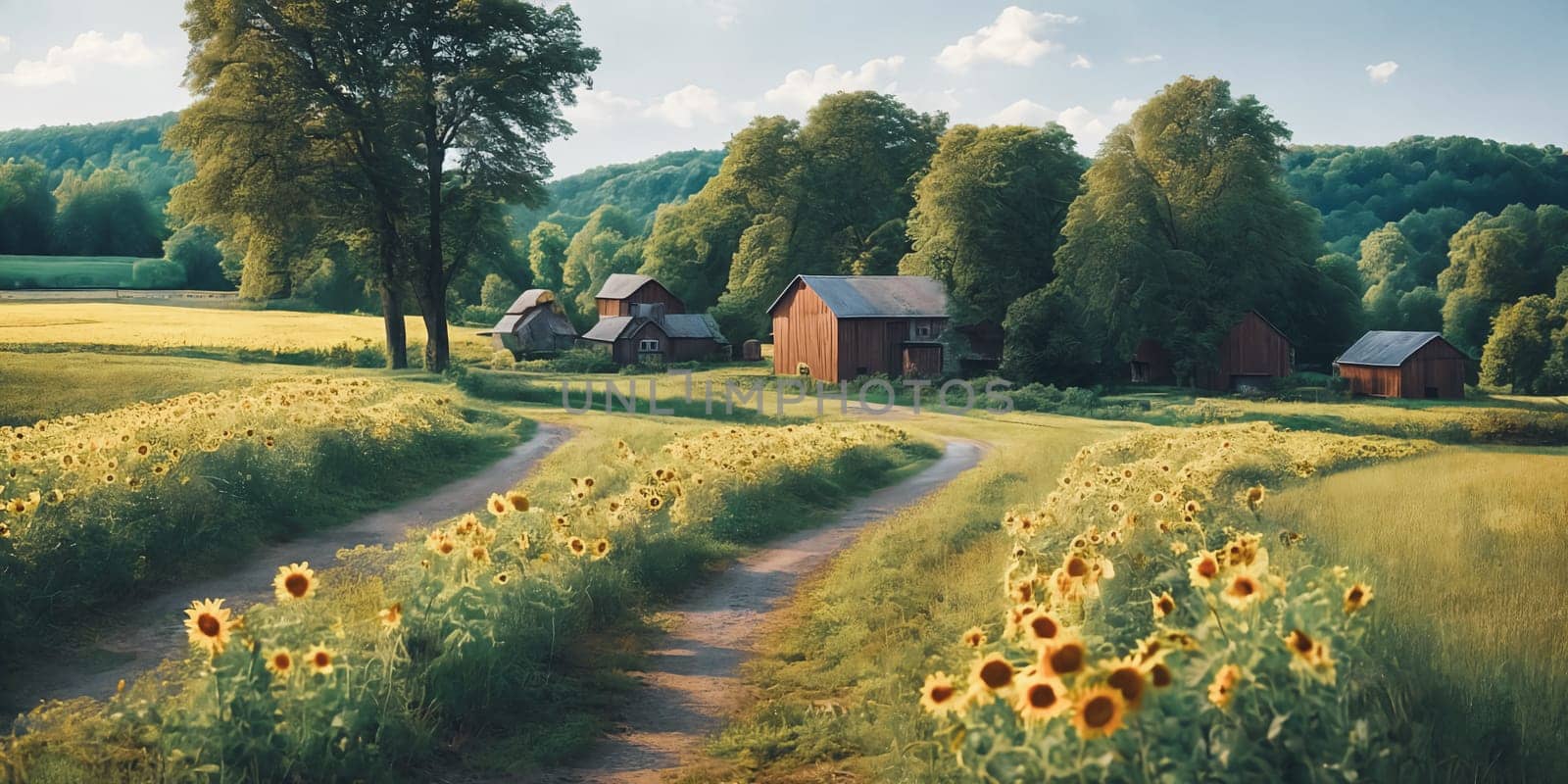 A charming village house nestled under tall trees, along a winding field road lined with vibrant sunflowers. Serene and picturesque setting. Generative AI.