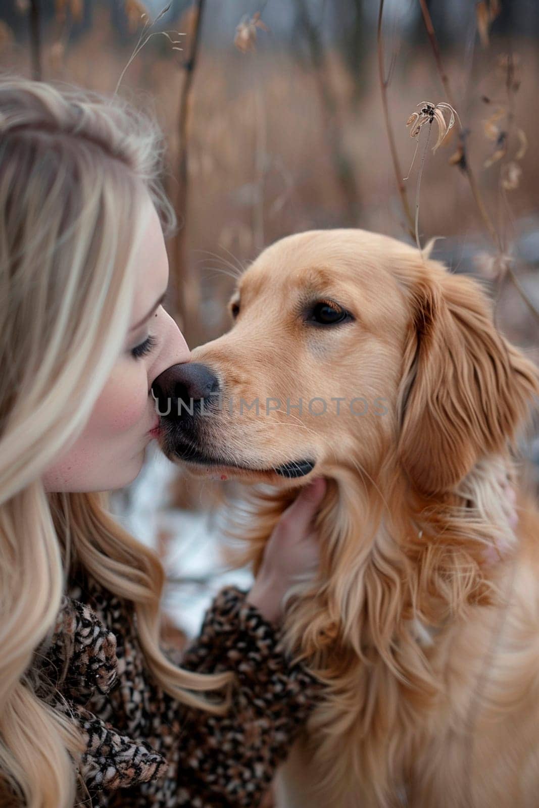 the owner kisses the dog. Selective focus. people.