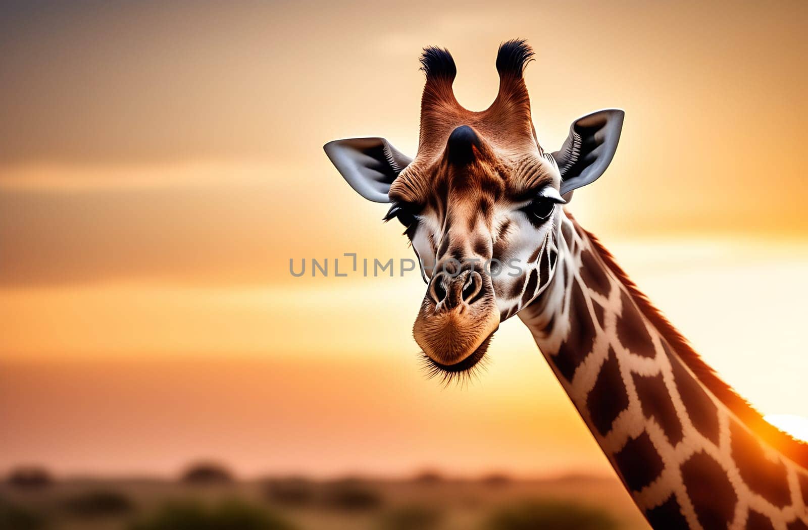 Close-up picture of a giraffe looking at camera and smiles against the backdrop of the savannah at sunset. by Smile19