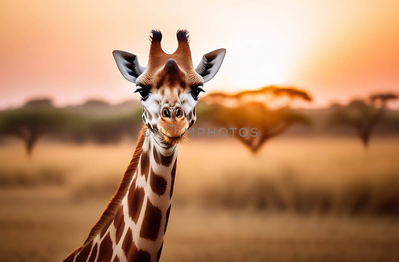 Close-up picture of a giraffe looking at camera and smiles against the backdrop of the savannah at sunset. by Smile19