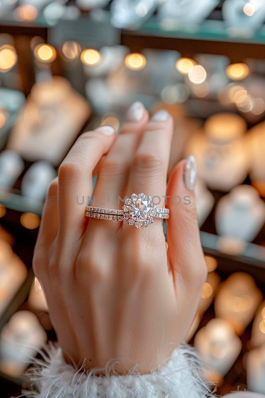 A girl tries on a ring in a jewelry store. Selective focus. woman.