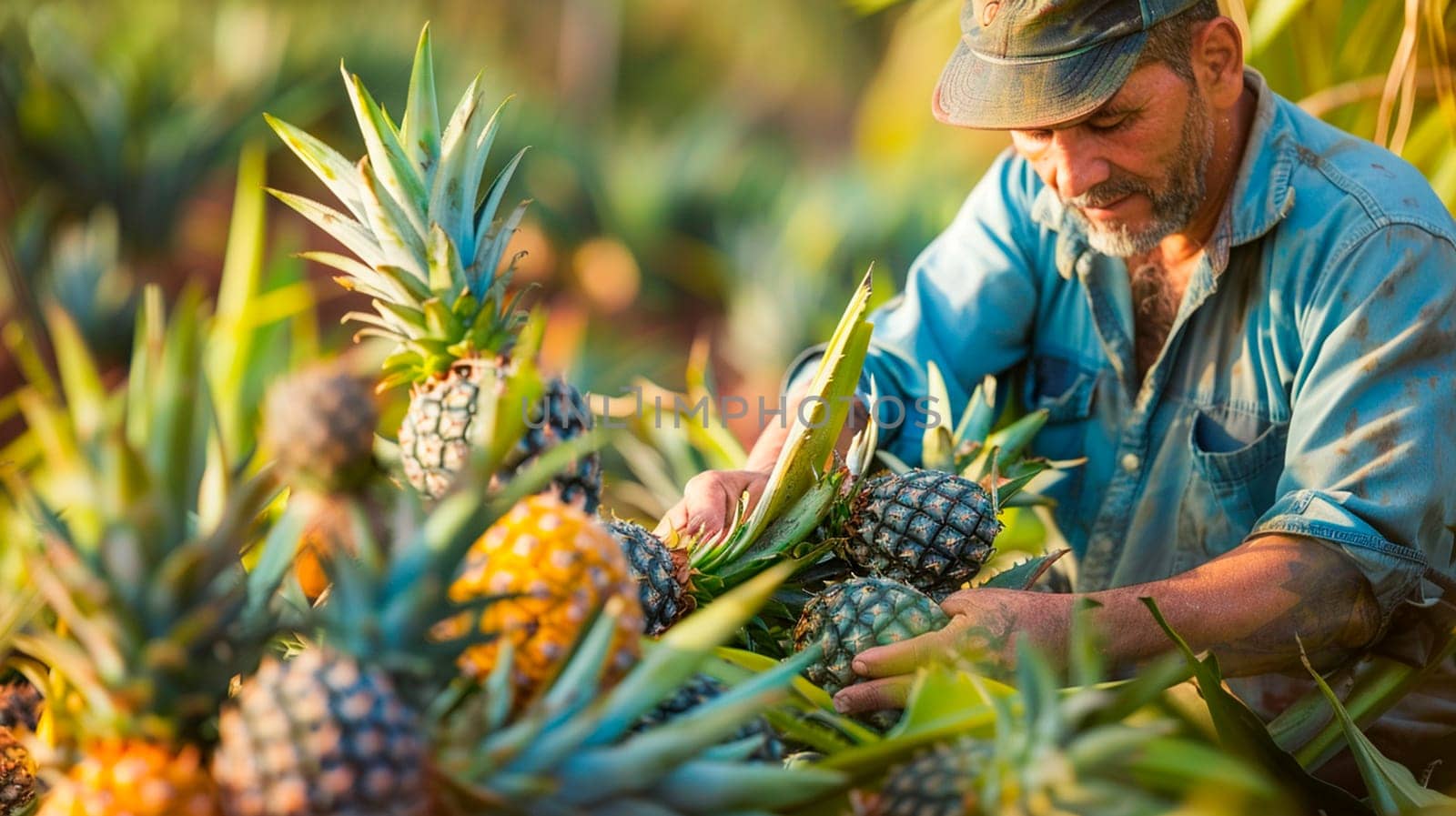 A farmer harvests pineapples. Selective focus. Food.