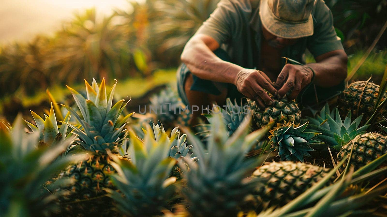 A farmer harvests pineapples. Selective focus. Food.