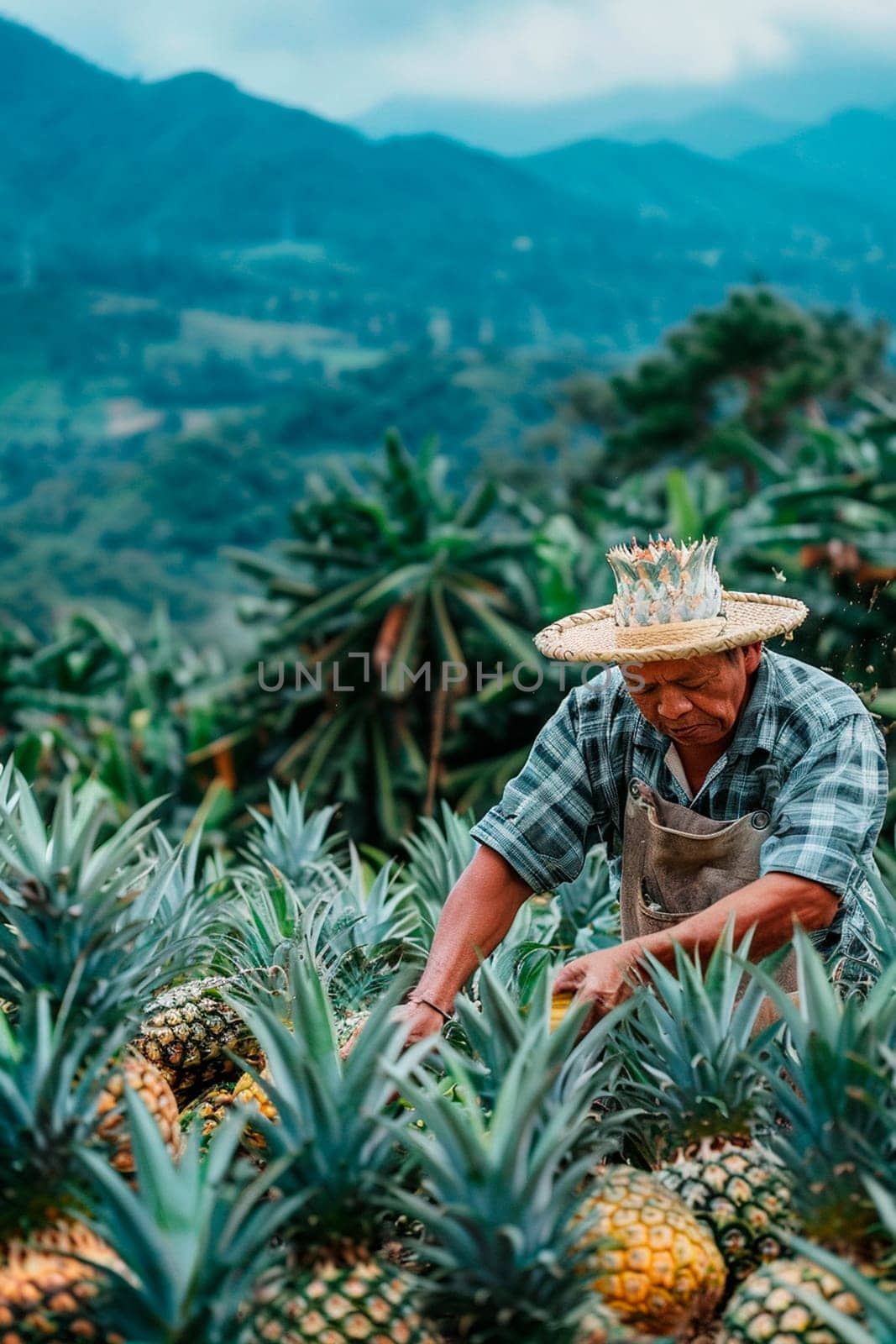 A farmer harvests pineapples. Selective focus. Food.