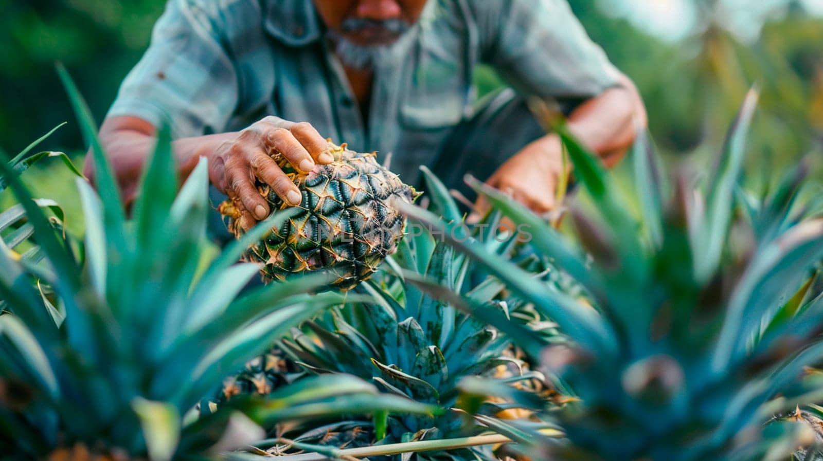 A farmer harvests pineapples. Selective focus. Food.