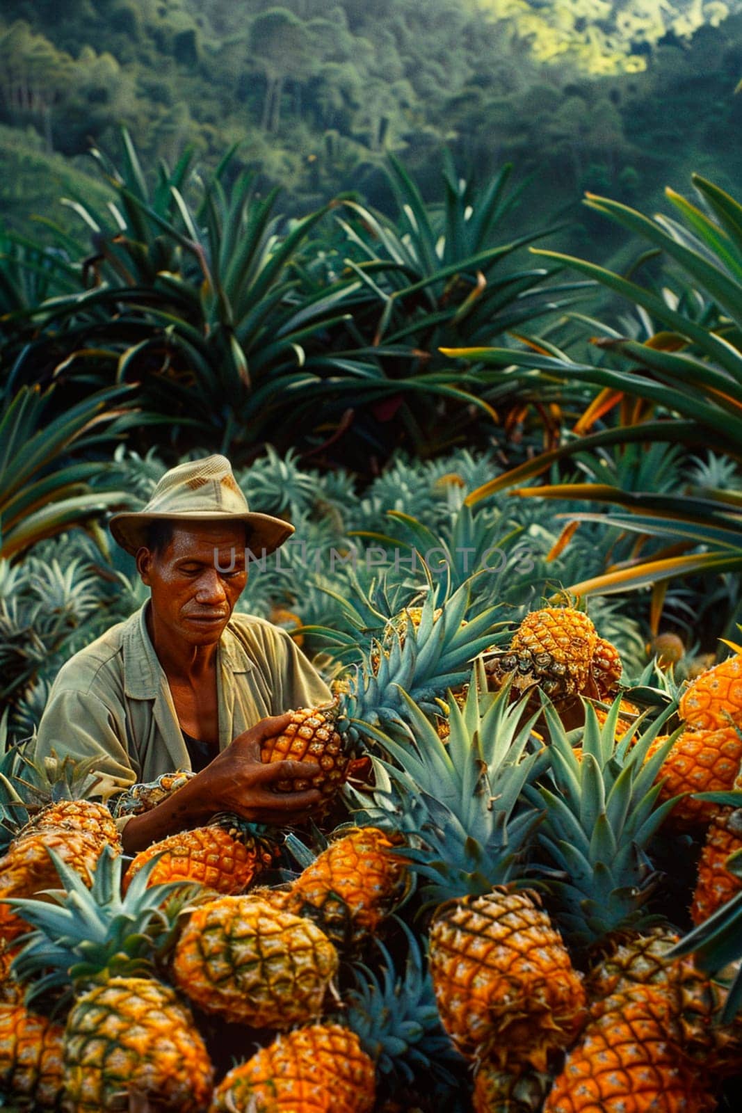 A farmer harvests pineapples. Selective focus. Food.