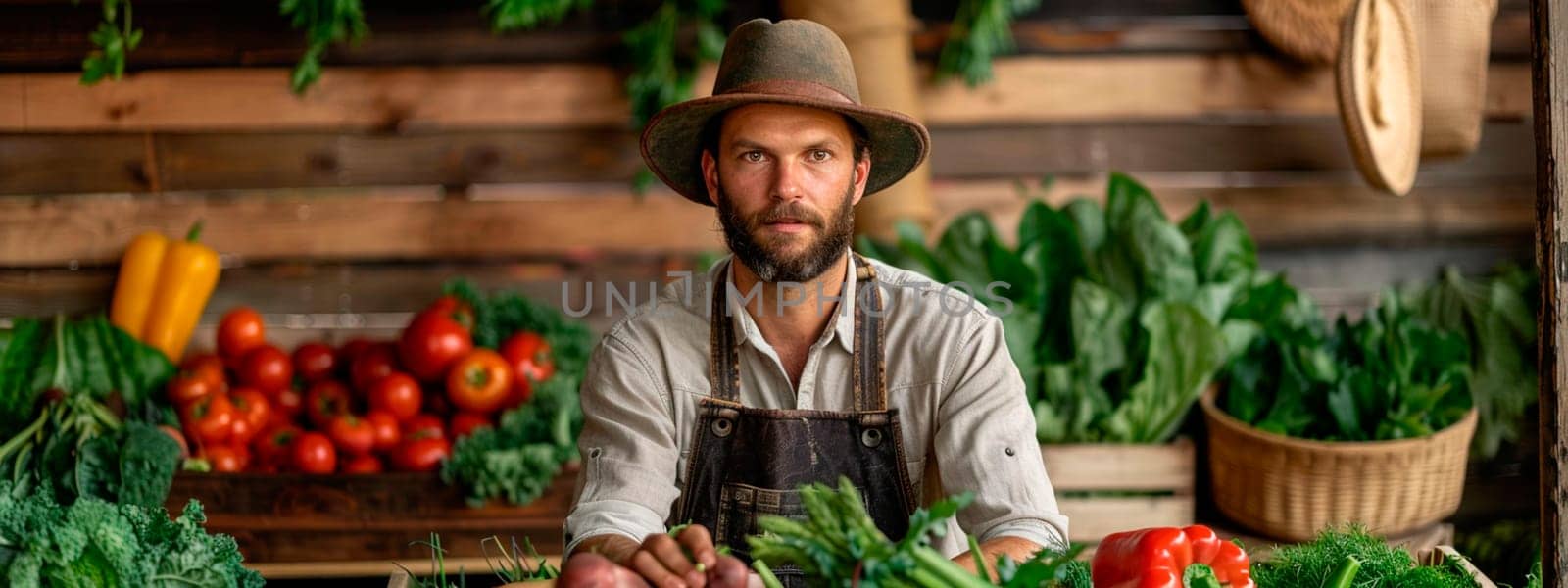 Farmer with vegetable harvest. Selective focus. by yanadjana