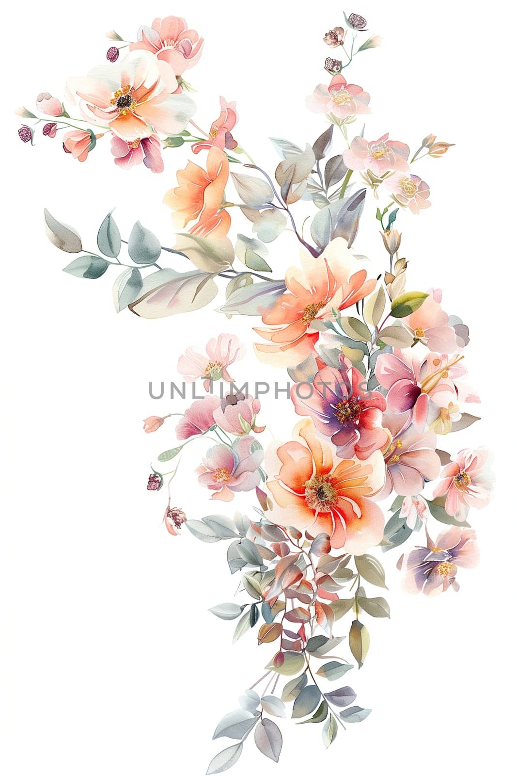 A watercolor painting of a flowery background with a pink flower in the center. Painted watercolor floral border or frame for wedding invitations