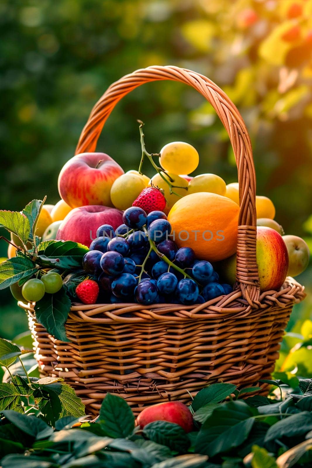 Basket with fresh fruits in the garden. Selective focus. by yanadjana