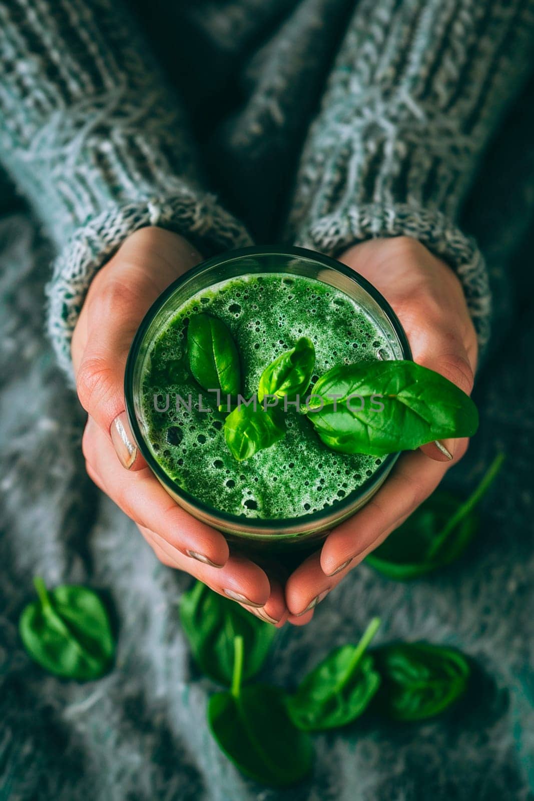 Smoothie with green vegetables and fruits in hands. Selective focus. by yanadjana