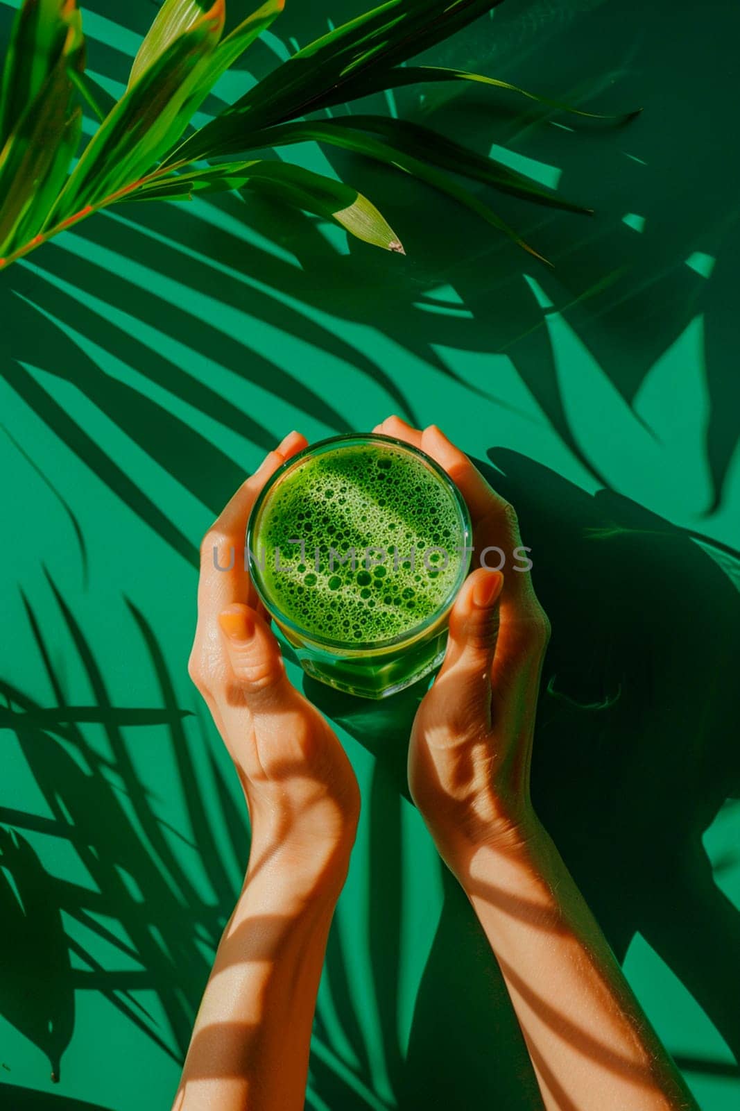 Smoothie with green vegetables and fruits in hands. Selective focus. by yanadjana