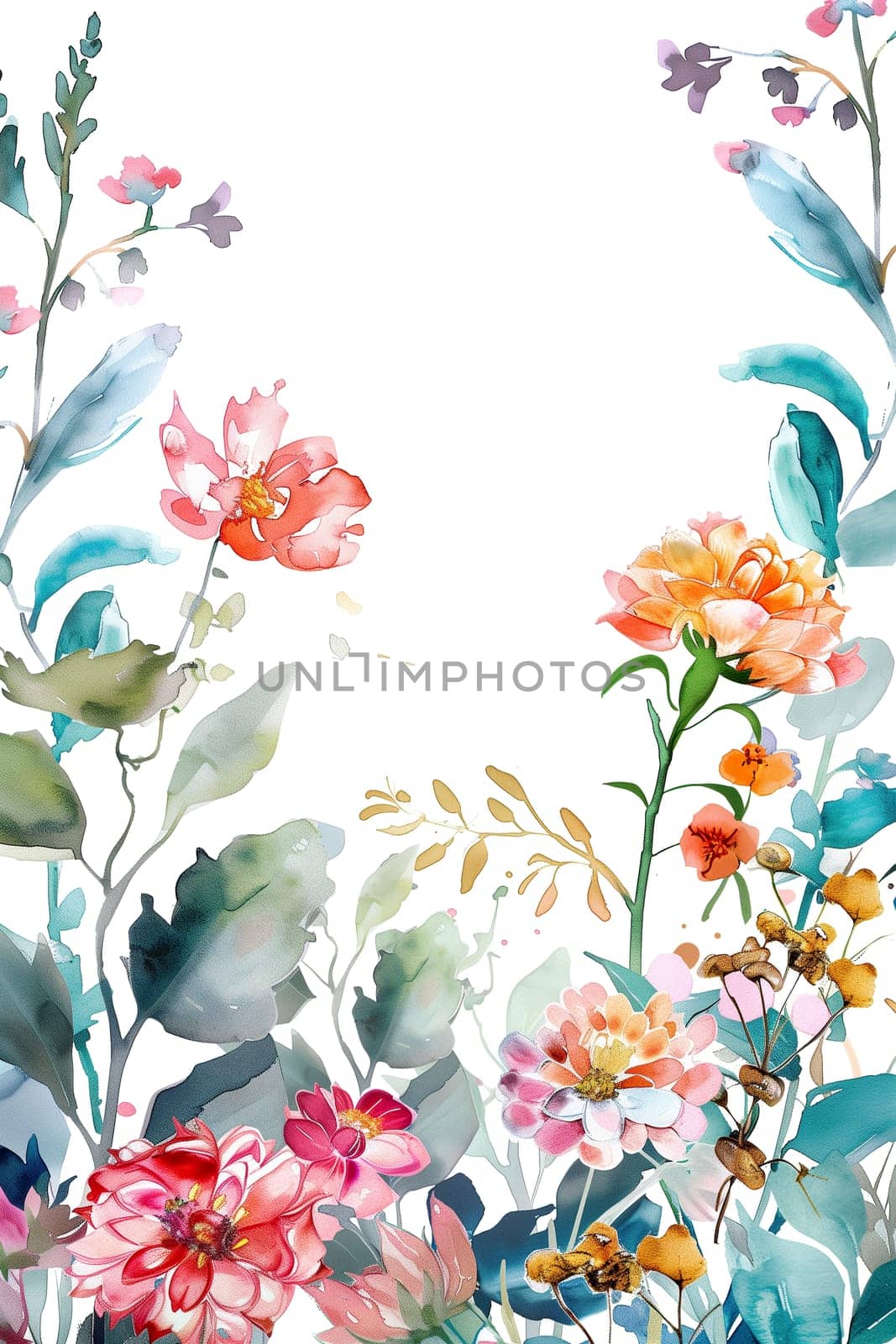 Painted watercolor floral border or frame for wedding invitations by Dustick