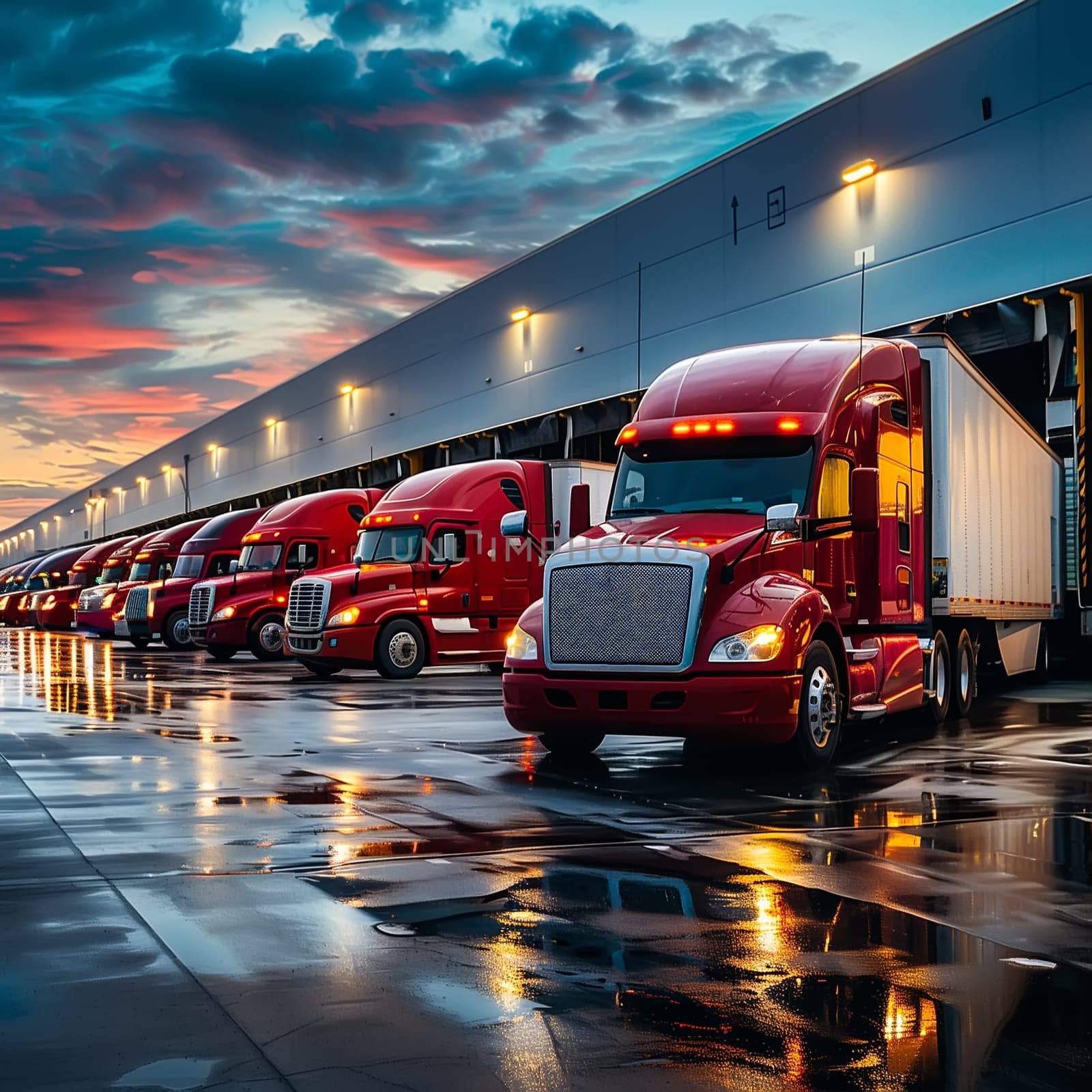 Semi Trailer Trucks on The Parking Lot. Trucks Loading at Dock Warehouse. Shipping Cargo Container Delivery Trucks. Distribution Warehouse. Freight Trucks Cargo Transport. Warehouse Logistic