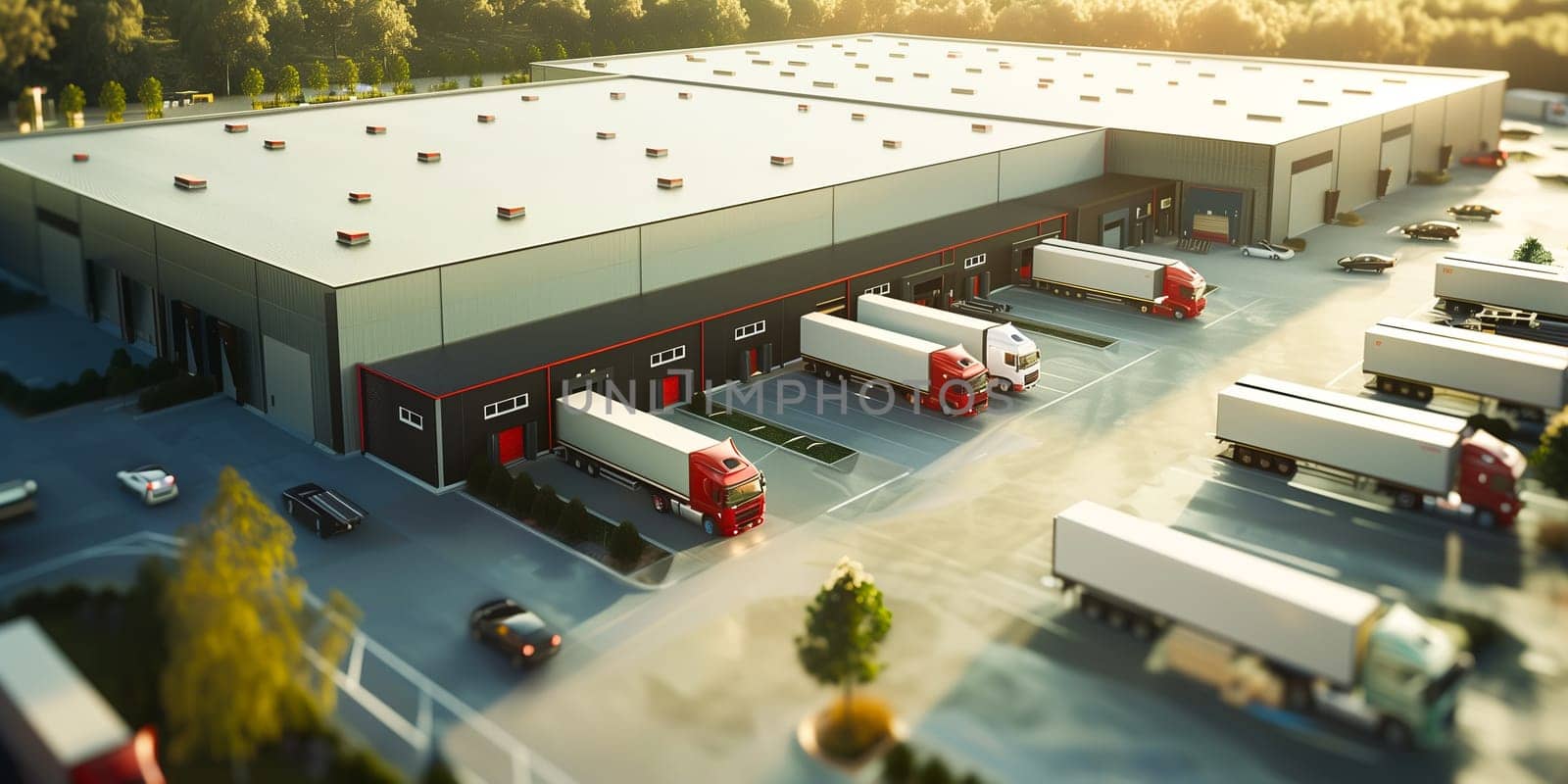 Semi Trailer Trucks on The Parking Lot. Trucks Loading at Dock Warehouse. Shipping Cargo Container Delivery Trucks. Distribution Warehouse. Freight Trucks Cargo Transport. Warehouse Logistic