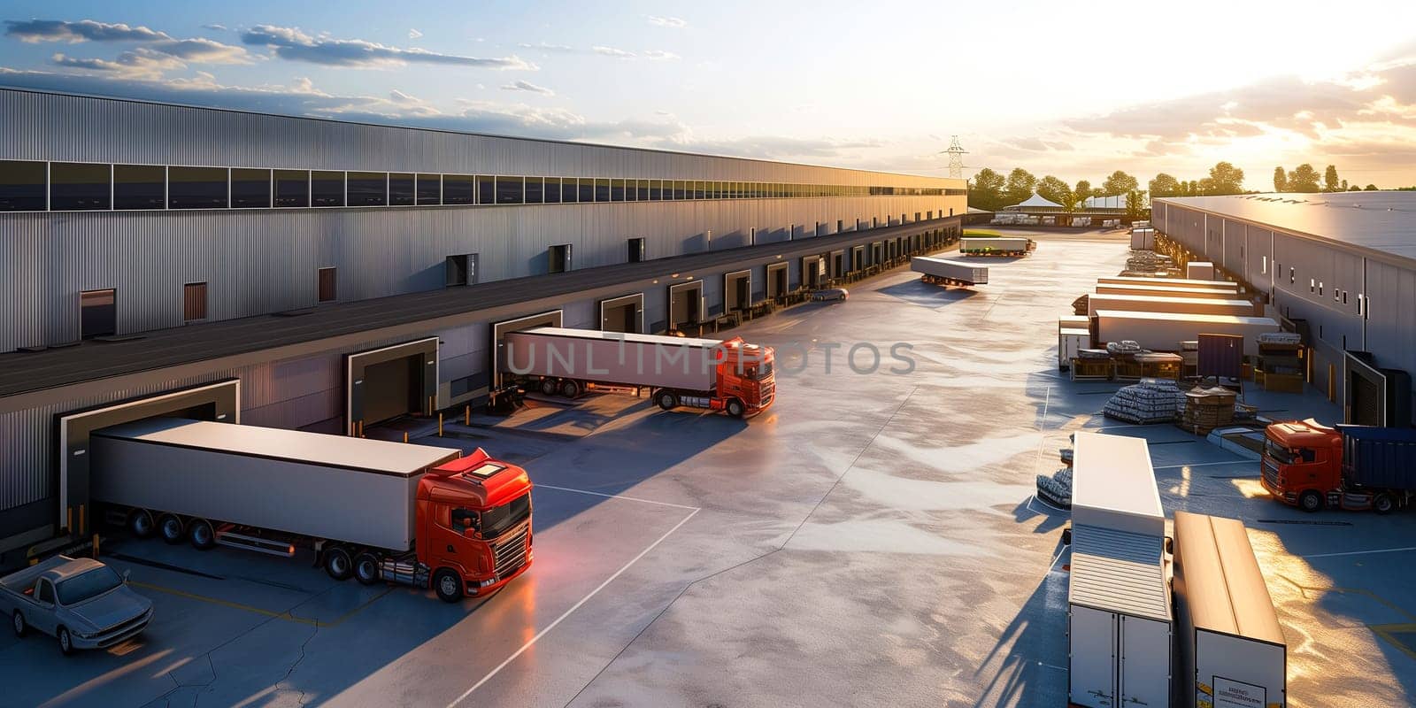 Semi Trailer Trucks on The Parking Lot. Trucks Loading at Dock Warehouse. by sarymsakov