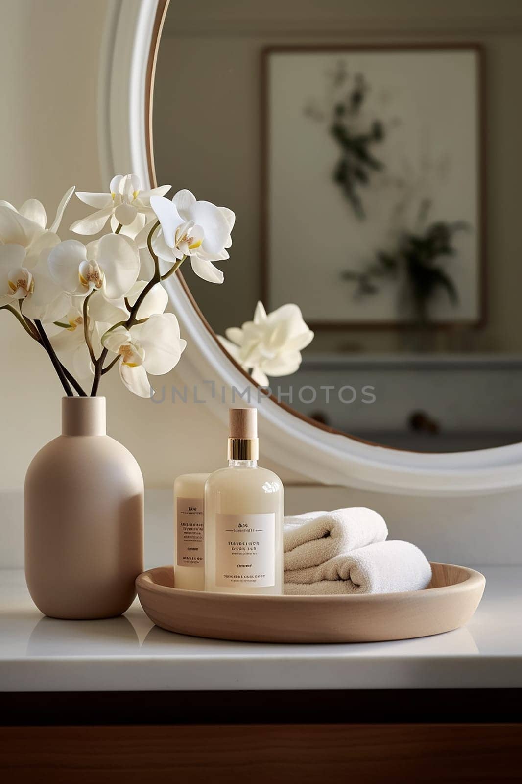 Elegant bathroom setup with orchids and wellness products reflecting tranquility. by Hype2art