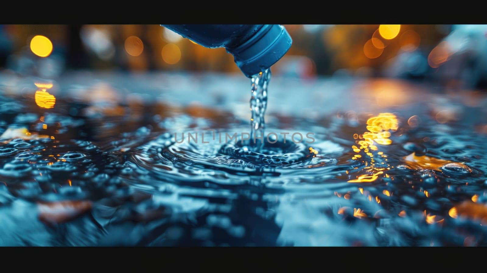 Close-up of a hand pouring oil into water, with a blurred background of warm bokeh lights. The concept of pollution.