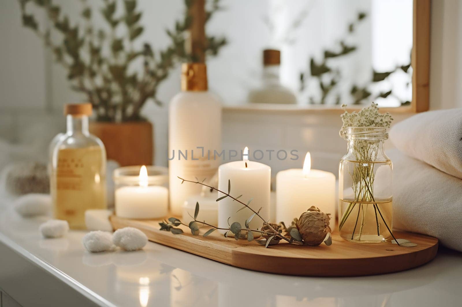 A tranquil setting with candles and bath products for relaxation