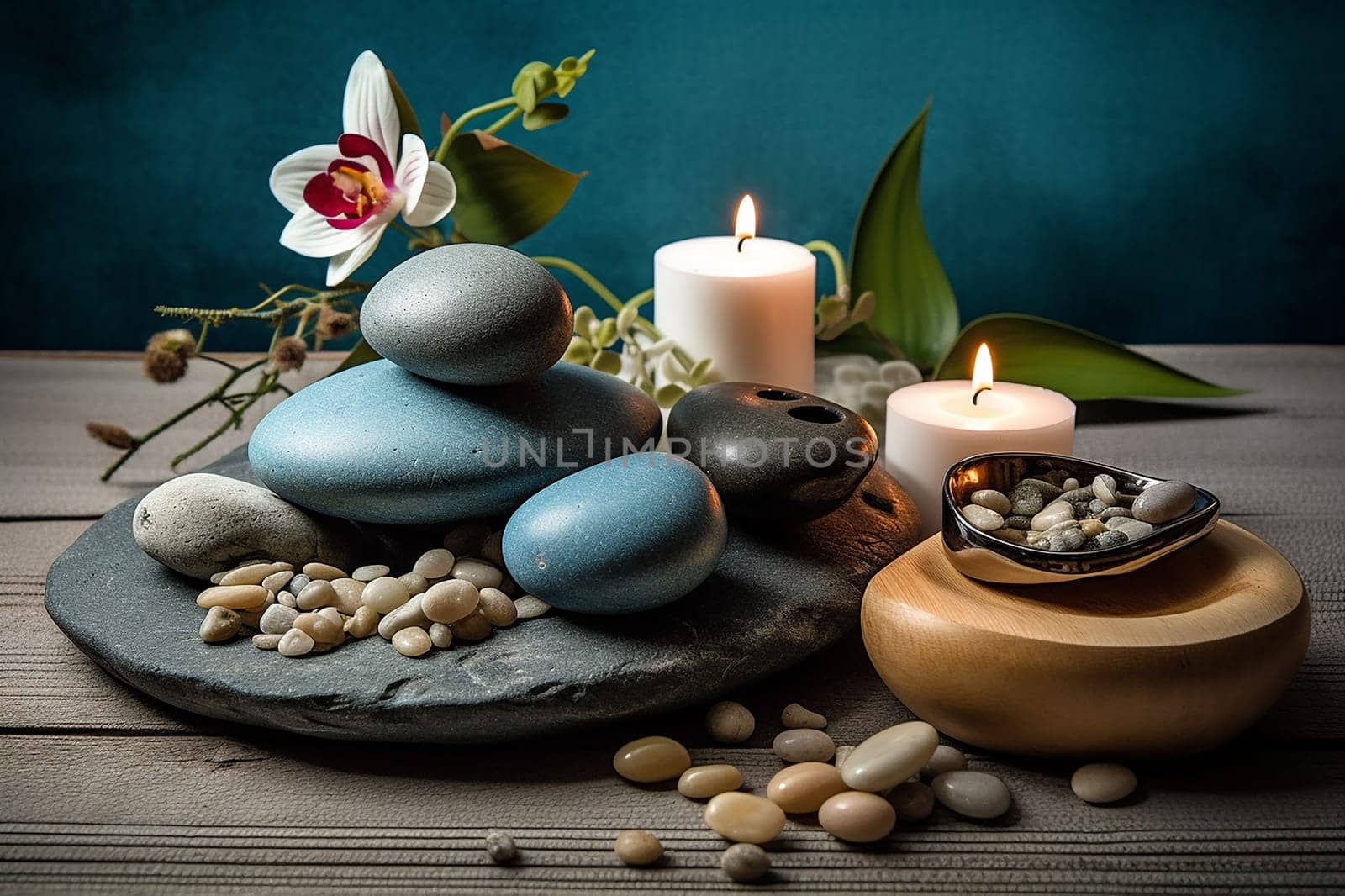 Soothing spa setting with candles, stones, and an orchid on a serene backdrop
