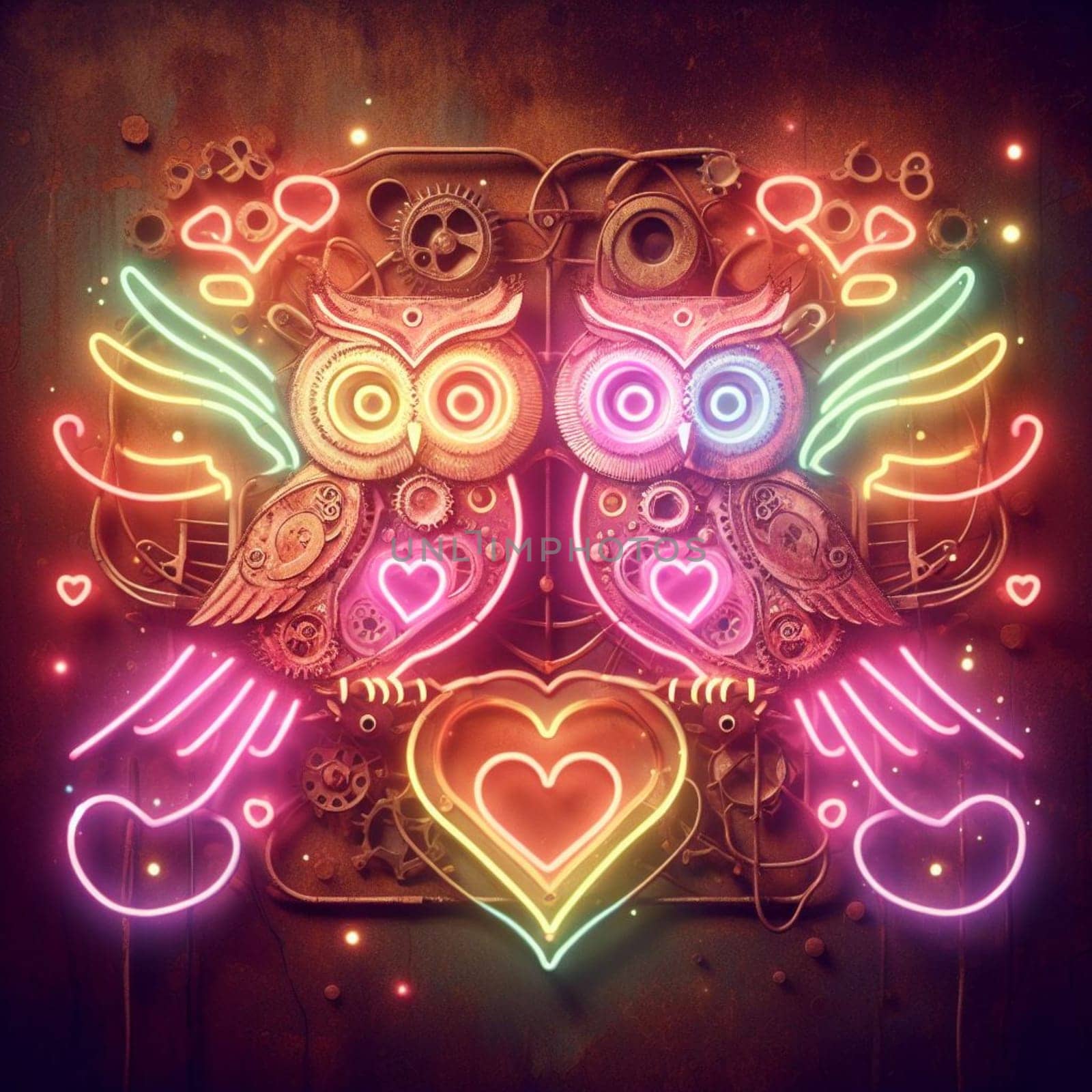 steampunk owl king and queen in love neon sign valentines illustration concept rusty background generative ai art