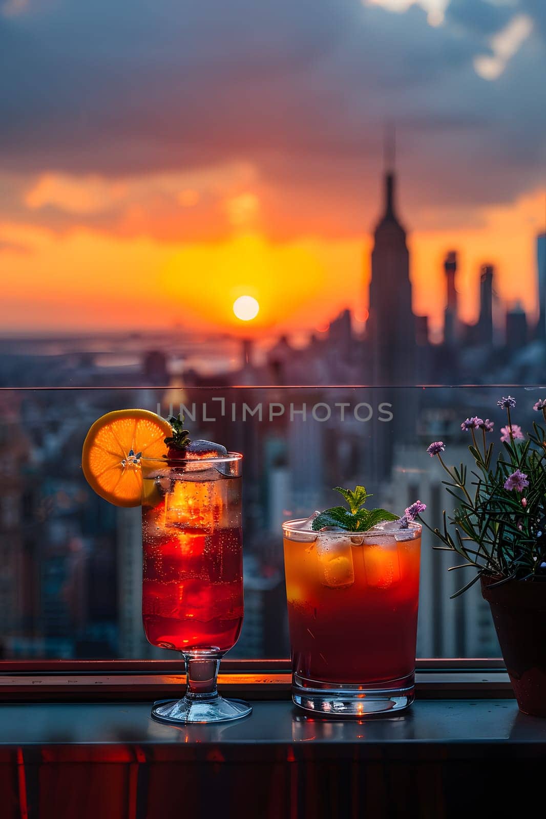 Two drinks are elegantly placed on a table overlooking the city during a stunning sunset with a red sky at morning. The liquid reflects the orange hues of the sky, creating a magical afterglow